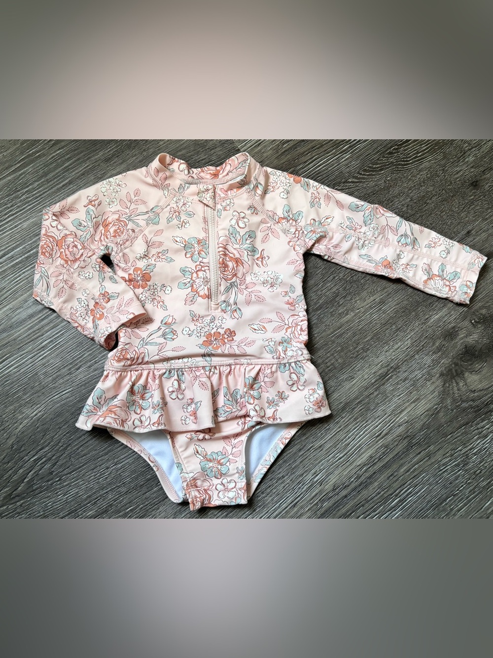 Gerber Pink Floral Long-Sleeve One-Piece Swimsuit with Ruffle Skirt